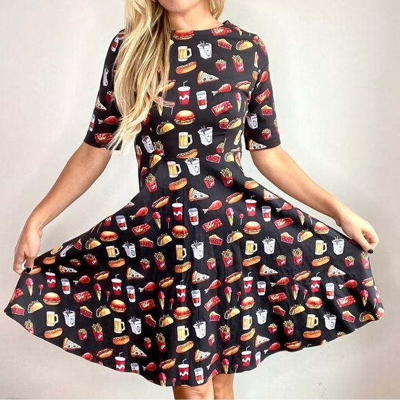 Retro Pinup Pizza, Hotdog, Burger, Chinese, Beer A Line Fit & Flare Dress - Picture 5 of 13